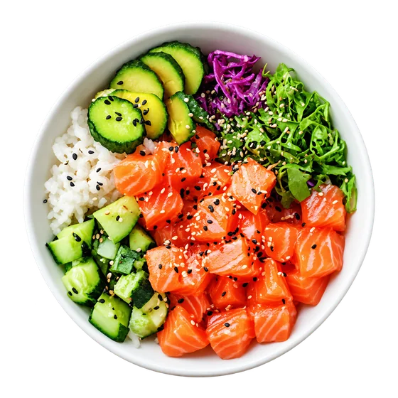 La Pokè Salmon: salmone crudo, cetrioli, avocado, cavolo rosso e sesamo su riso bianco